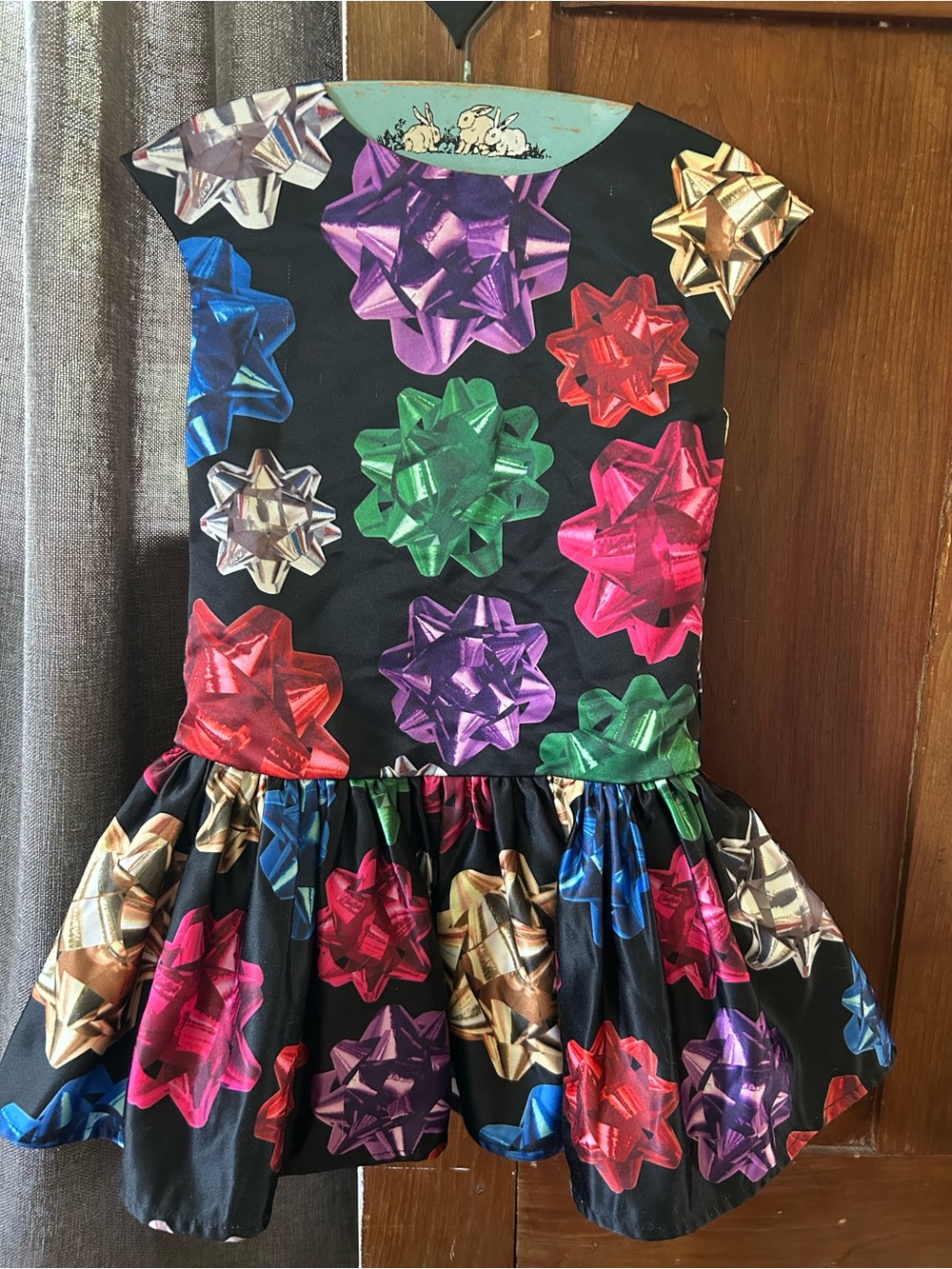 Halabaloo Black Dress with Bright Multi-Color Gift Bow Print